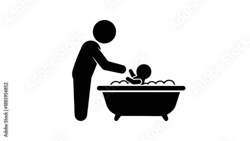 Simple illustration of a person bathing a baby in a tub.