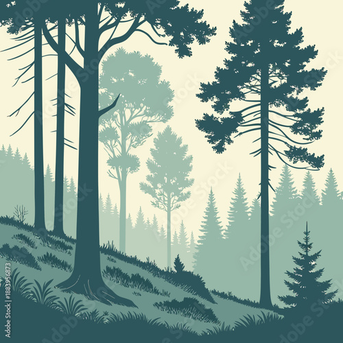 Pine forest with mist layers and soft vector gradients.