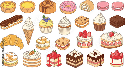 Cute Bakery Desserts Illustration Set With Cakes Cupcakes Pastries Ice Cream And Sweet Treats