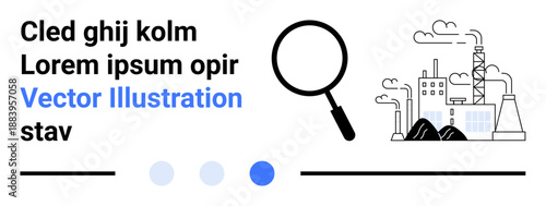 Magnifying glass examining a factory with chimneys emitting smoke, surrounded by simple graphic elements. Ideal for industry analysis, environment, research, technology, data exploration, education