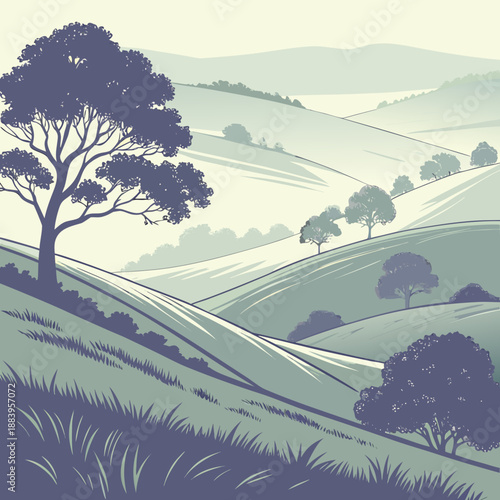 Rolling countryside hills, simple vector illustration.