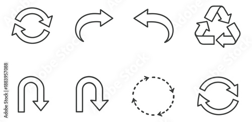 Line art arrow icons set featuring refresh, recycle, and navigation symbols for web design