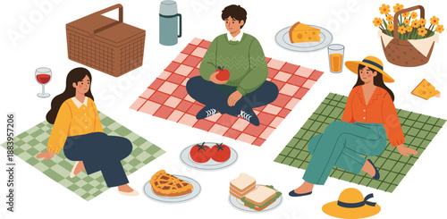 Friends Enjoying Picnic Illustration With Food Basket Blankets And Relaxing Outdoor Lifestyle Scene