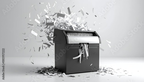 A paper shredder spews shredded documents into the air