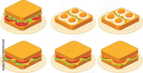 Breakfast Sandwich And Toast Variations Illustration Set With Eggs Vegetables And Tasty Fillings