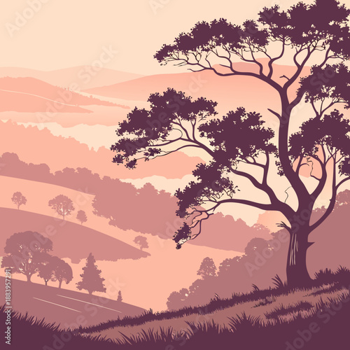 Soft Dawn Foggy Valley Atmosphere with Gentle Light