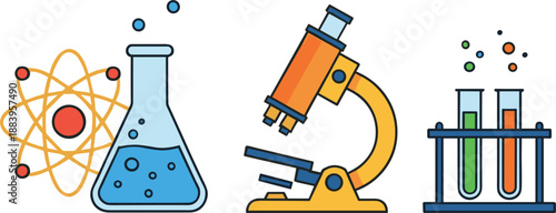Science Laboratory Illustration Set With Atom Flask Microscope And Test Tubes For Education Concepts
