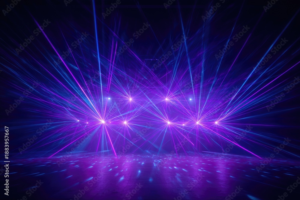 Naklejka premium A vibrant stage filled with purple and blue laser beams creating a dynamic light show