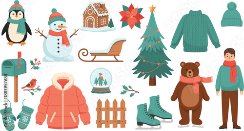 Cute Winter Holiday Illustration Set With Christmas Tree Snowman Cozy Clothing And Seasonal Decorations