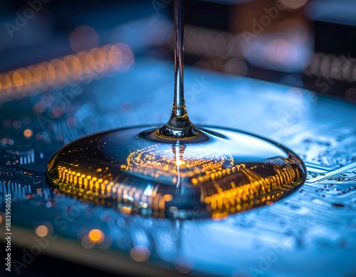 Close-up of clear liquid pooling on a circuit board, reflecting light