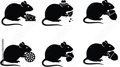 A set of black silhouette illustrations of mice with various objects