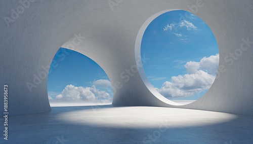 Architectural interior with two circular openings framing a bright blue sky and fluffy white clouds