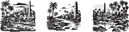 Tropical Oasis Trio: A black and white depiction of a tropical oasis scene, presented in a set of three distinct panels, captures the serenity of a remote, idyllic island. 
