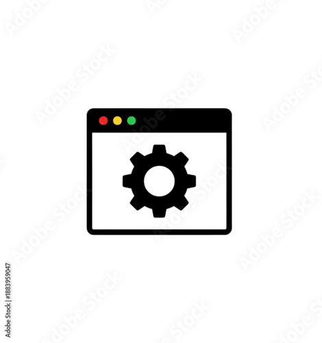 A clean vector image of a web browser window featuring a central mechanical gear, representing website configuration, online backend settings, or software development tools
