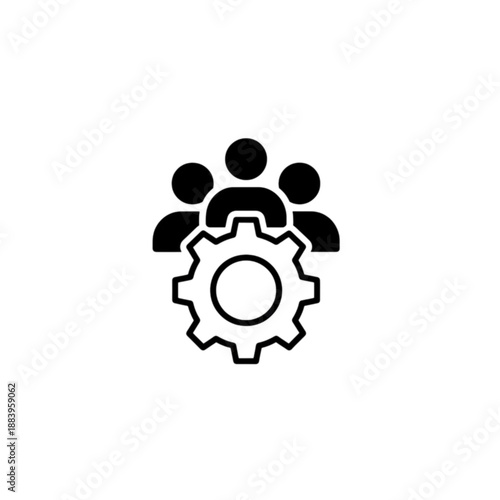 Vector image featuring a group of three person silhouettes positioned behind a central mechanical gear, representing technical teamwork, collaborative engineering, or industrial workforce management