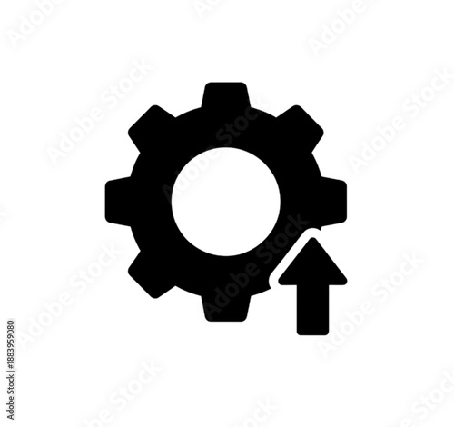 A solid black vector image of a mechanical gear with a small upward arrow at the bottom right, representing system deployment, technical growth, or an available software update