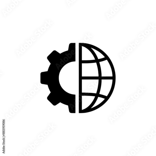 A flat black vector image merging a mechanical gear with a global grid, representing international industry, global technical standards, world networking, or universal system integration