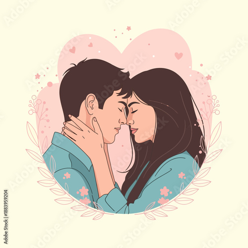 Romantic Couples Tender Intimate Moment with Hearts and Floral Decor