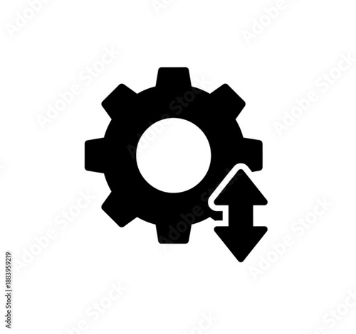 A minimalist black silhouette vector image of a mechanical gear with a double-headed vertical arrow, symbolizing system priority sorting, vertical adjustment, and technical configuration management