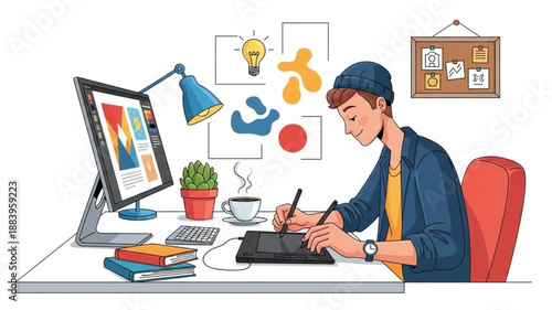 Young graphic designer working on a digital tablet at a desk.