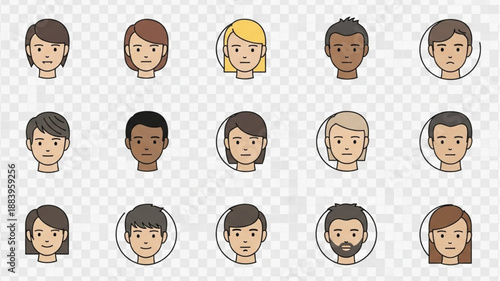 Diverse Group of People Faces Icons Representing Different Emotions.