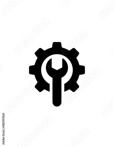 A minimalist black silhouette vector image of a wrench centered inside a mechanical gear, symbolizing technical maintenance, industrial repair services, and system configuration