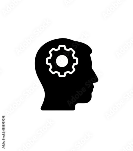 A minimalist black silhouette vector image of a human profile with a gear positioned inside the head, symbolizing critical thinking, mental processing, and innovative logic
