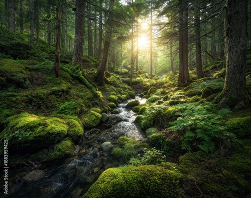 Golden Sun Rays Pierce Lush Mossy Forest, Illuminating Serene Stream and Ancient Trees.