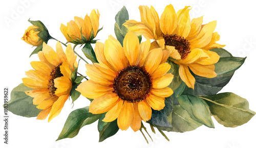A vibrant watercolor painting of a bouquet featuring sunflowers and lush green foliage