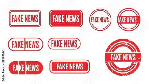 A collection of red fake news stamps on a white background