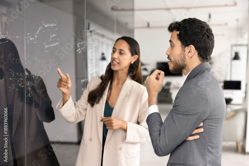 Photos Young male, female strategists, multicultural professionals, stand together discussing project ideas written on glass wall, engaged in collaboration, brainstorm session in coworking office
