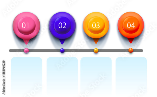 番号入りカラフルマーカーで工程や手順を可視化する横並びインフォグラフィック素材｜ステップ表示・プロセス管理・業務フロー説明・プレゼン資料に使える抽象デザイン