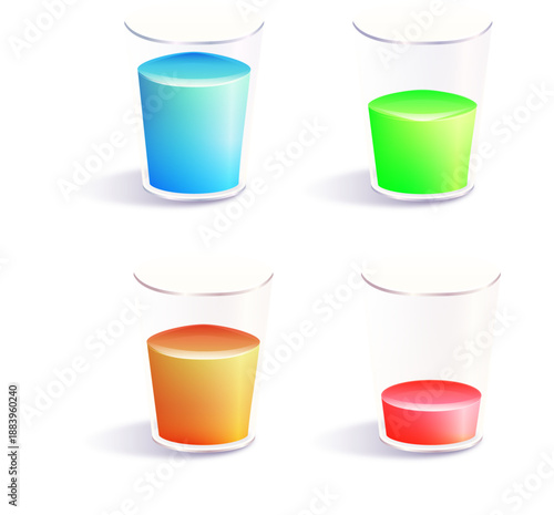 4色の立体円柱ボタンで状態やレベルを表現する抽象UIデザイン素材｜進捗管理・選択状態・評価指標・アプリやWeb管理画面に使えるカラフルなステータス表示イラスト