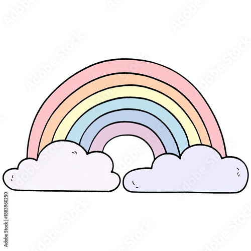 Cartoon rainbow illustration with fluffy white clouds, a symbol of happiness and positivity
