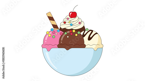 Colorful ice cream sundae with cherry and sprinkles in cartoon style