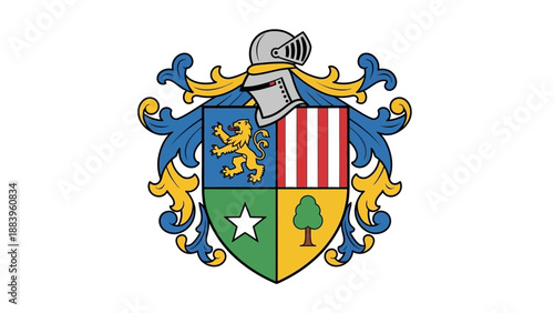Colorful heraldic coat of arms with knight helmet and shield
