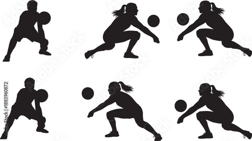 Silhouettes of female volleyball players in defensive and offensive poses on white background.