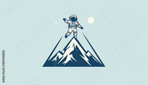 Astronaut Hiking on Mountain Peak Illustration.