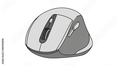 Ergonomic wireless computer mouse with multiple buttons in grayscale illustration