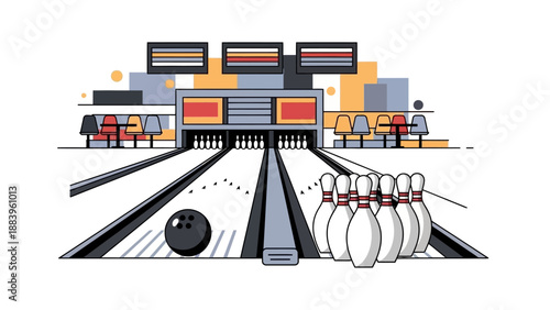 Illustration of a Bowling Alley with Lanes and Pins