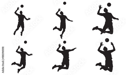 Volleyball player silhouette set, jumping and spiking the ball, action poses
