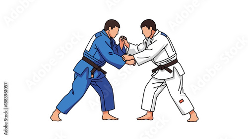 Illustration of Two Judo Practitioners Grappling in Martial Arts Uniforms