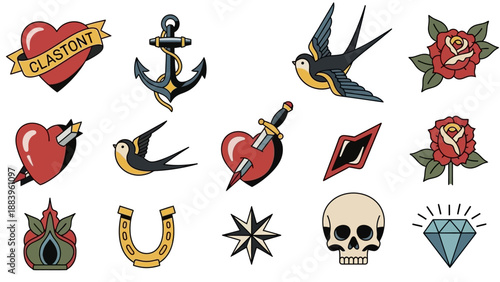 Collection of Vintage Tattoo Icons with Hearts, Anchors, and Swallows