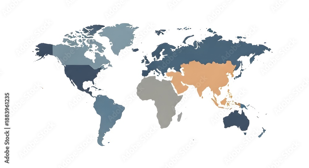 Fototapeta premium World Map with Continents Highlighted in Different Colors.