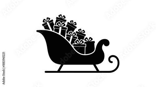 Black silhouette of a sleigh filled with wrapped gifts