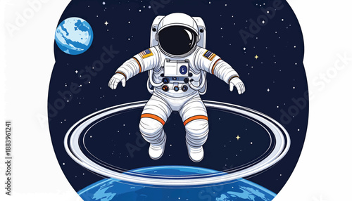 Astronaut in Space Suit Floating Near Earth.