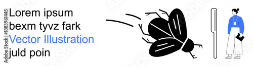 Entomology, pest control, surreal design, fear of insects, human environment, creative concepts. A woman observing a large fly with motion. Entomology and pest control