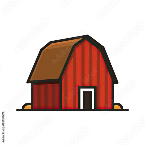 Cartoon illustration featuring a red wooden barn with a brown roof on a black background