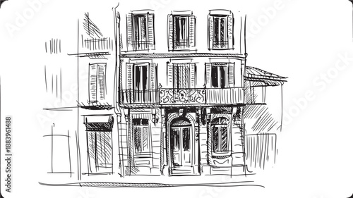Black And White Vector Illustration Of Classic European Building Facade For Architecture And Travel Concepts