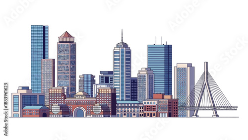 Modern city skyline with skyscrapers and iconic bridge illustration